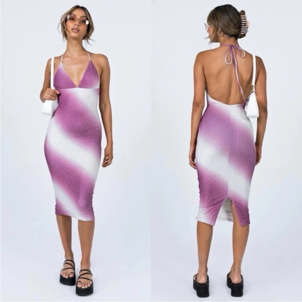 Princess Polly Alexa Sparkle Halter Midi Dress in Purple and White